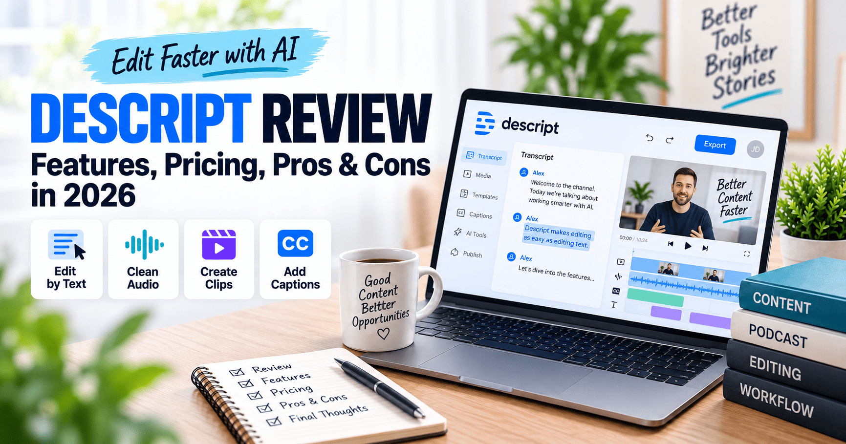 Descript review 2026 featuring AI video editing, transcription, pricing, pros and cons