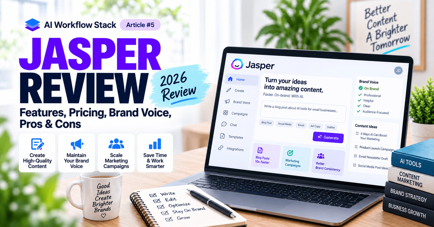 Jasper review 2026 featuring AI marketing, Brand Voice, pricing, pros and cons