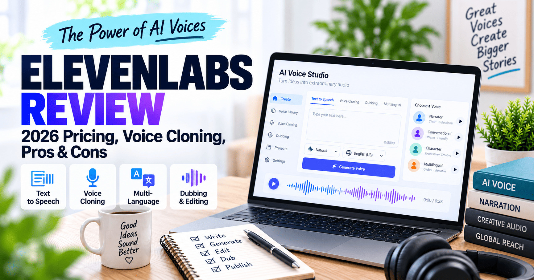 ElevenLabs review 2026 featuring AI voice cloning, text to speech, pricing, pros and cons